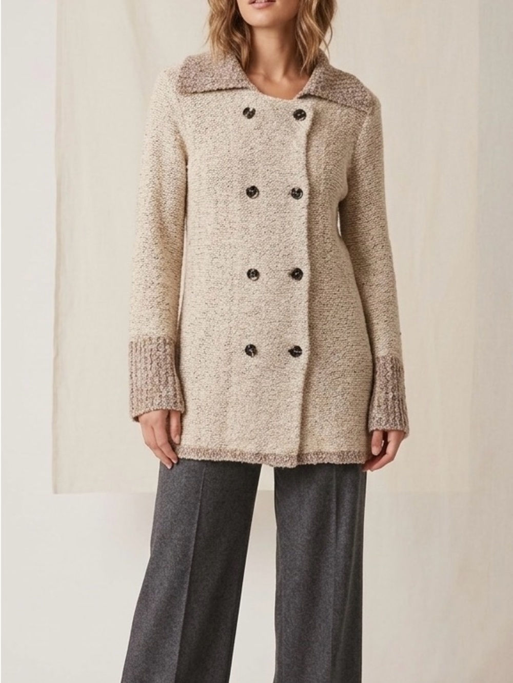 Mystree Double-Breasted Bouclé Cardigan in Cream and Taupe